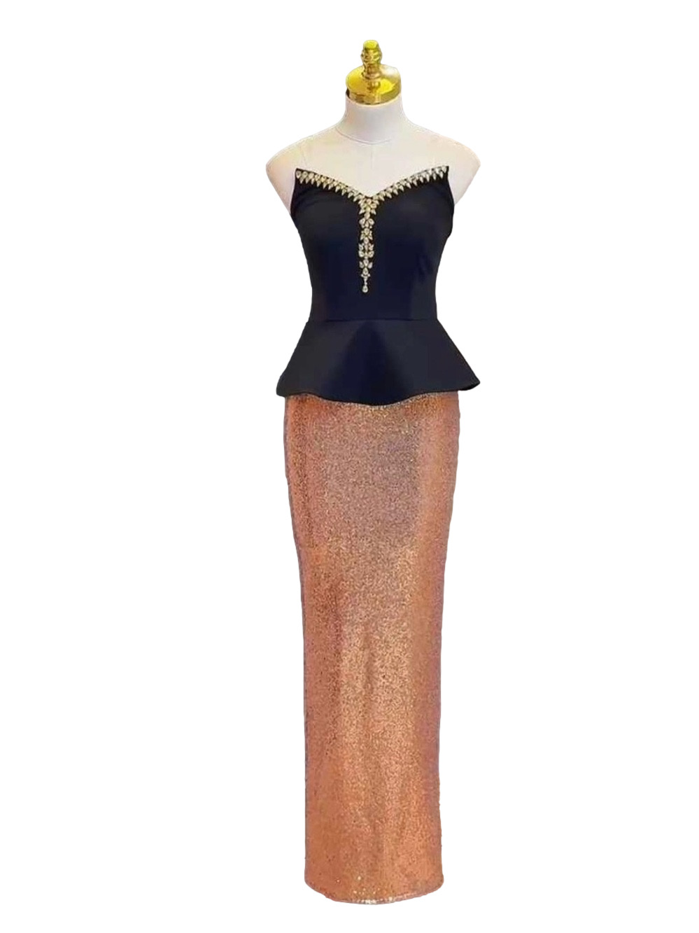 Jeweled Black Peplum Top with Copper Sequin Skirt Evening Dress